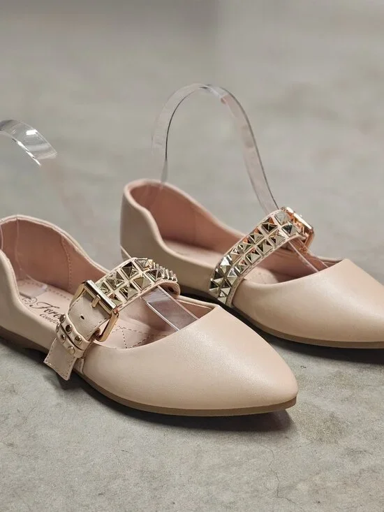 Studded Metallic Strap Beige Pointed-Toe Flats For Girls - Comfortable & Stylish - Picture 3 of 10